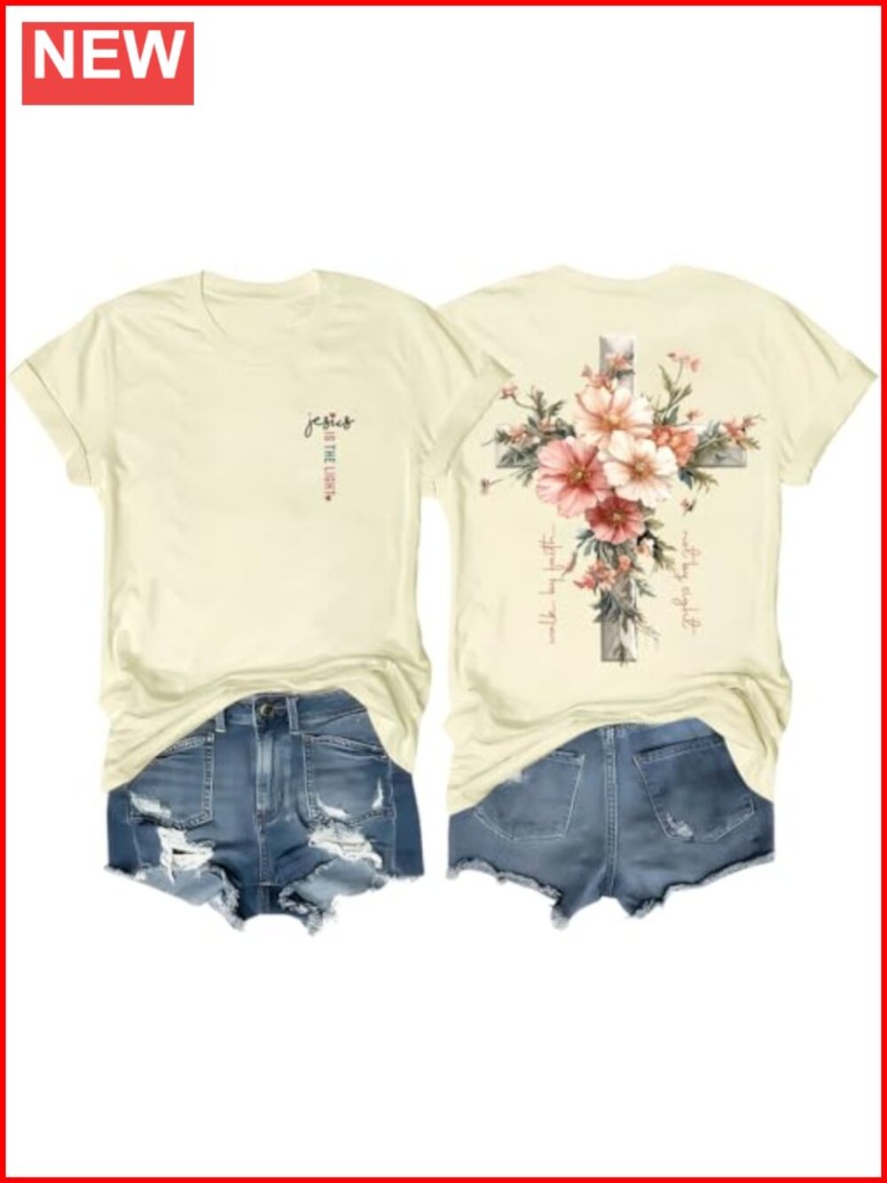 Faith Cross Christian T-Shirt Boho Floral Graphic Tee Women Crew Neck